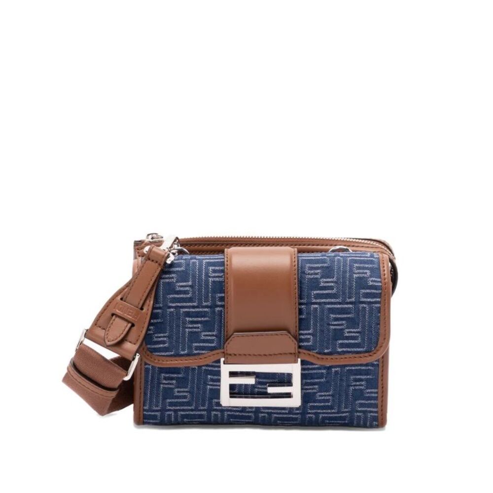 Denim-Effect Ff Jacquard And Leather Double Baguette Bag Women